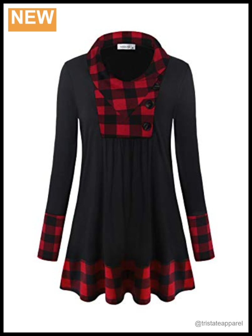 Long Sleeve Plaid Tunic Shirt with Button Front V-Neck